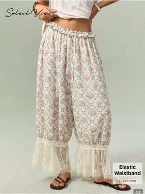 NWT Soleil Vie Cream Floral Wide-Leg Lace-Trim Pants, Bohemian,Size Medium